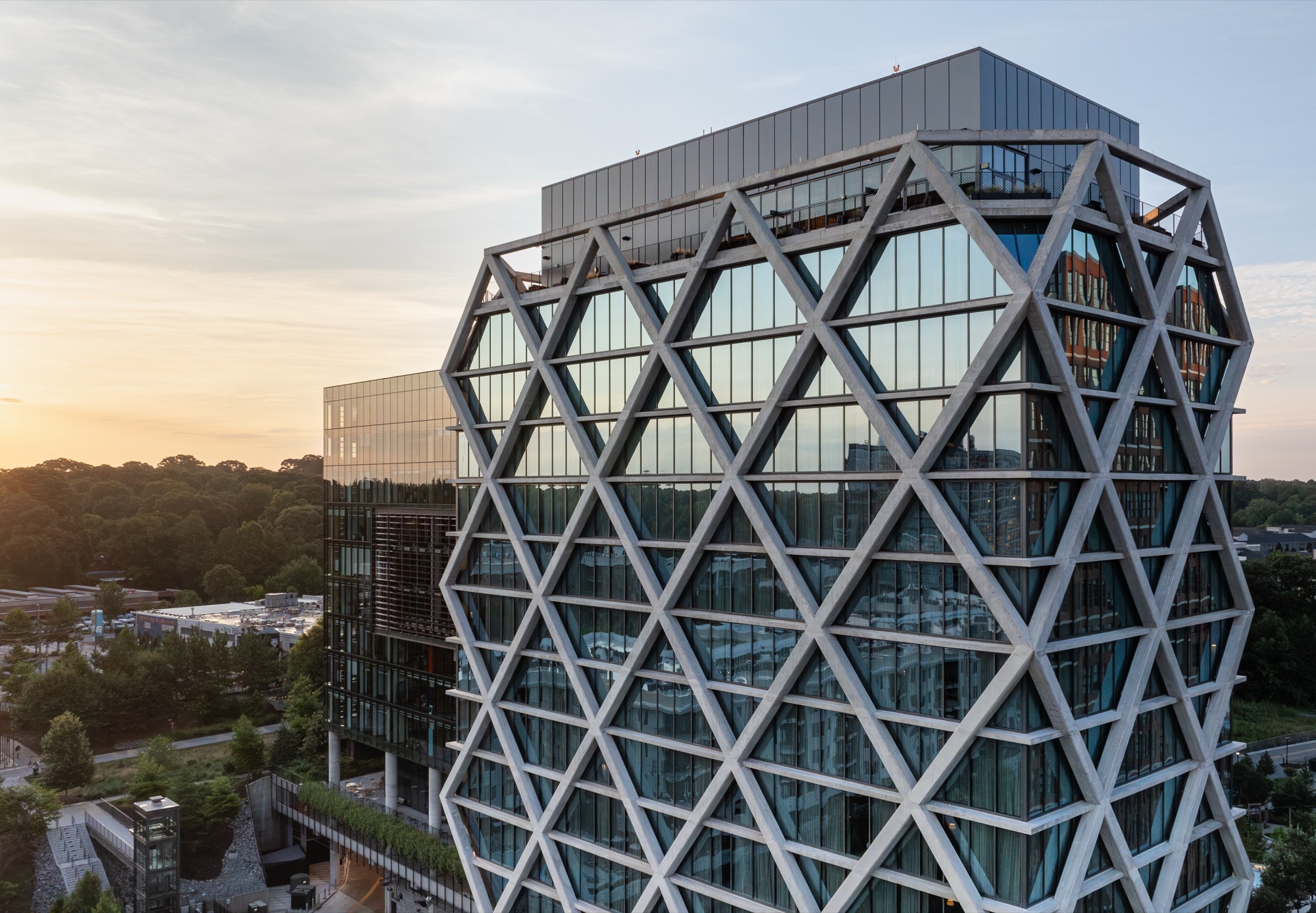 The Forth's diamond-lattice facade at sunset