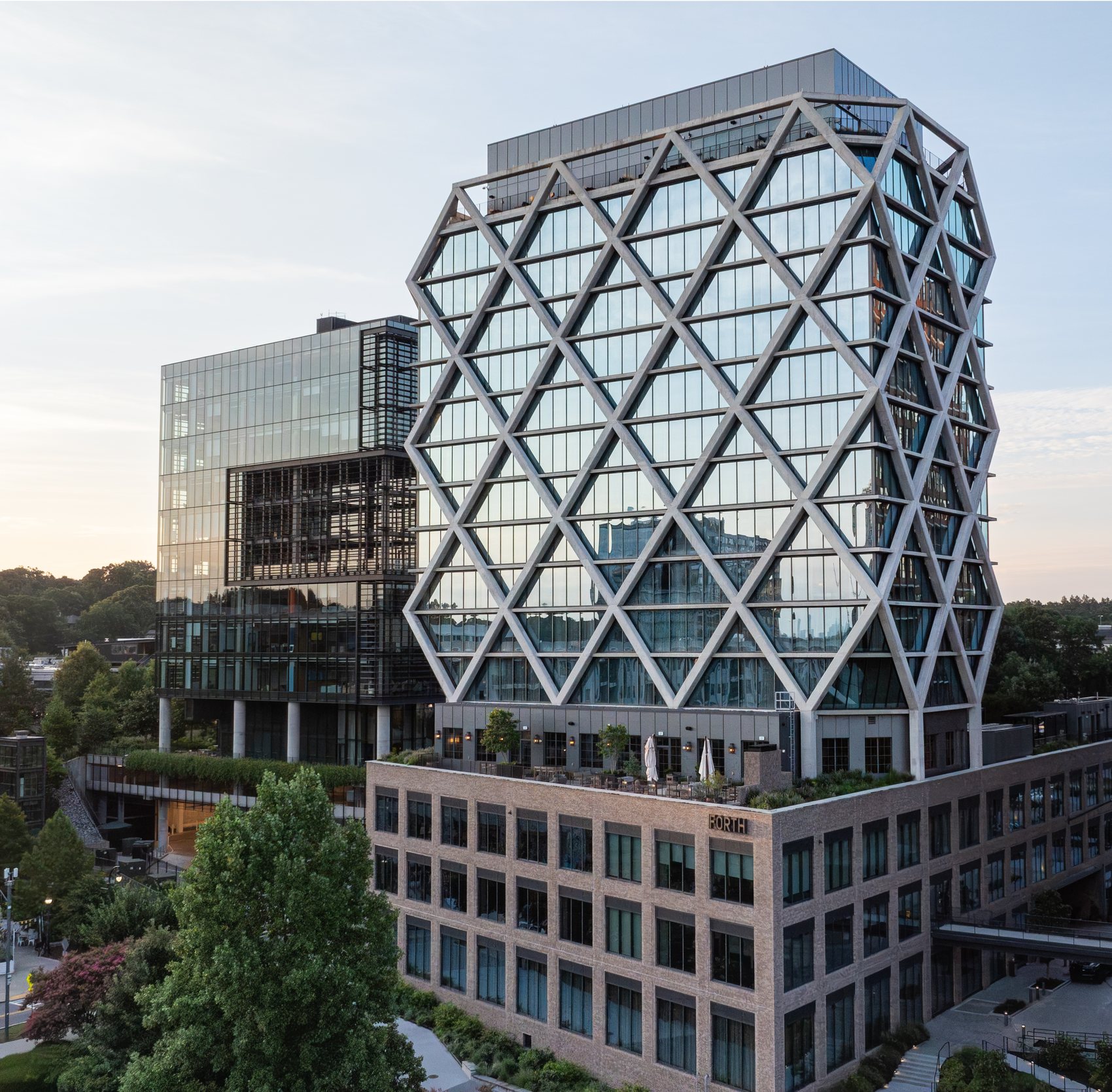 Aerial of The Forth hotel at Fourth Ward at golden hour
