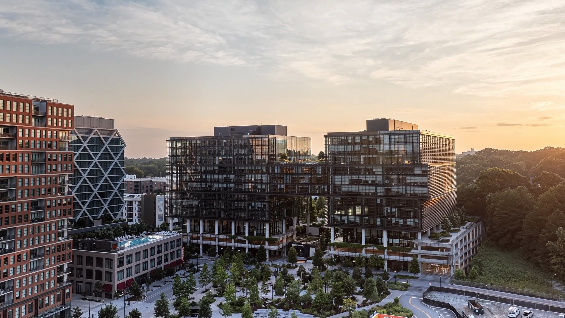 Aerial of Fourth Ward at golden hour on the Atlanta BeltLine