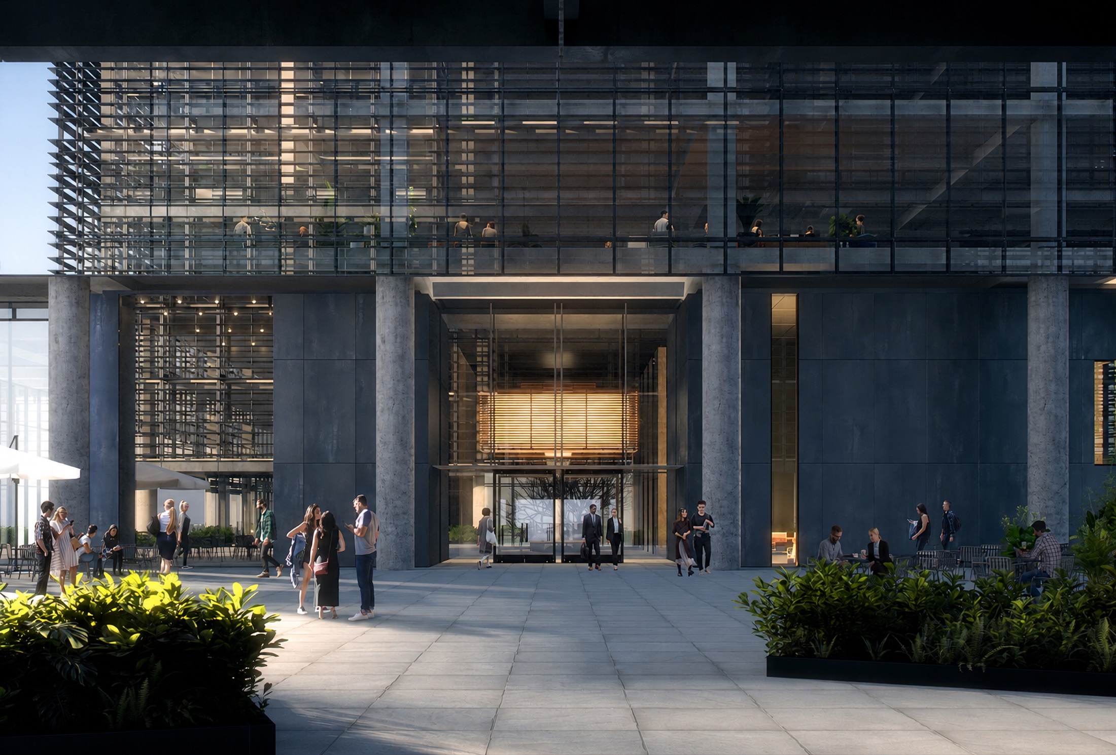 Tower Three lobby entrance and covered arrival from the plaza