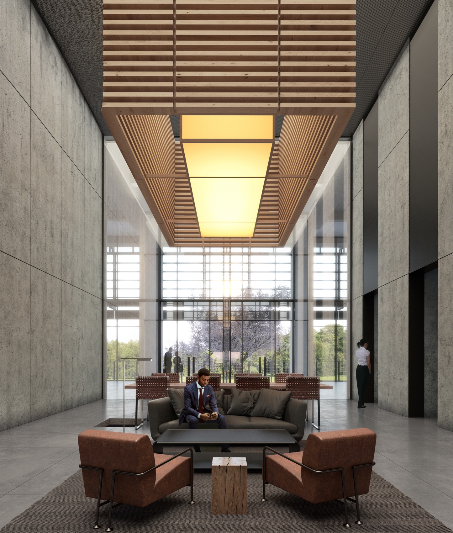 Tower Three double-height lobby lounge with warm timber ceiling