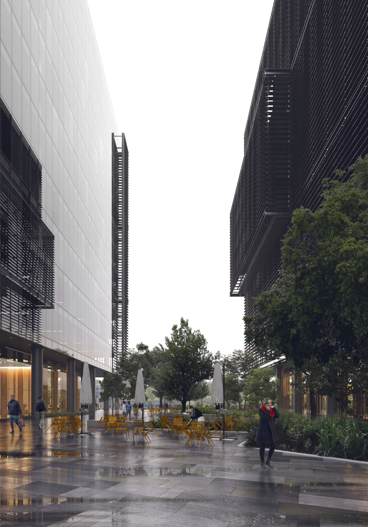 Landscaped passage looking up between the Fourth Ward towers