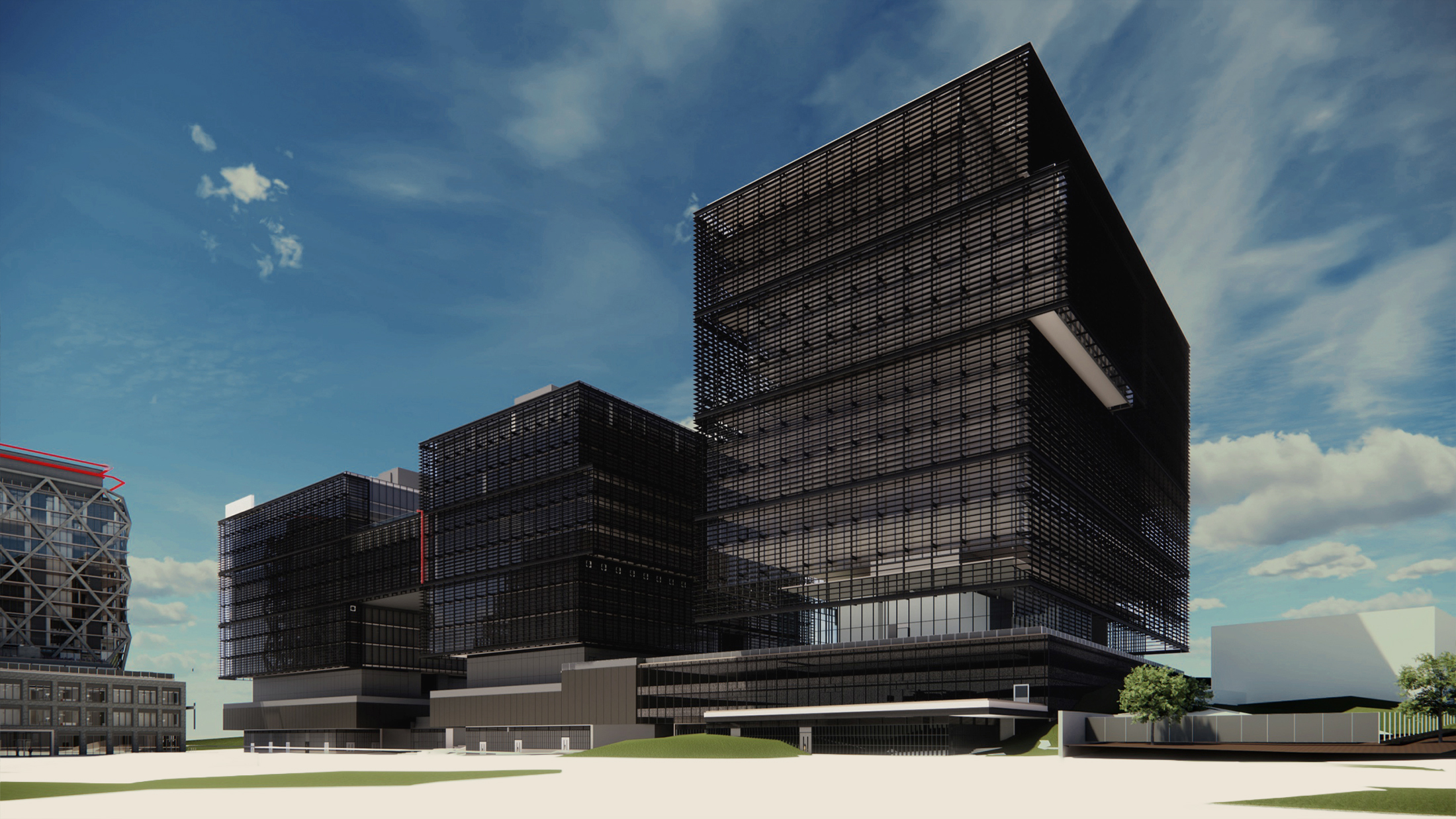 Tower Three at Fourth Ward — stacked office volumes with the expressed metal screen